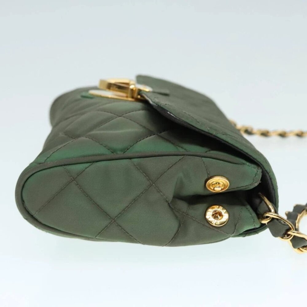 PRADA Chain Quilted Shoulder Bag Nylon Khaki Gold Auth 90227 - Picture 4 of 15